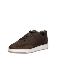 Bruine suède sneakers hebben een gestructureerde bovenkant, een ronde neus en een contrasterende witte rubberen zool. Grijze veters met gouden oogjes voor een veilige pasvorm.