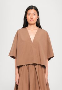Brown cotton blouse with a deep V-neck, wide short sleeves, and relaxed fit, featuring a smooth texture and minimalist design.