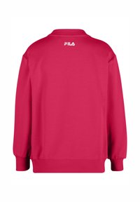 Felpa rossa con maniche lunghe, polsini e colletto a costine, caratterizzata da un logo bianco "FILA" sul retro. Materiale liscio e morbido.