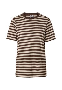 Majica kratkih rukava s prugama smeđe i krem boje; mekani pamuk; okrugli izrez; opušteni kroj; ujednačene pruge u kontrastnim bojama.