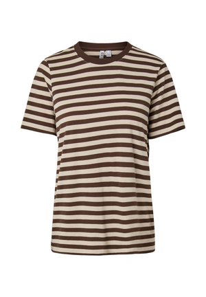 Camiseta de manga corta con rayas marrones y crema; material suave de algodón; cuello redondo; corte holgado; rayas uniformes con color contrastante.