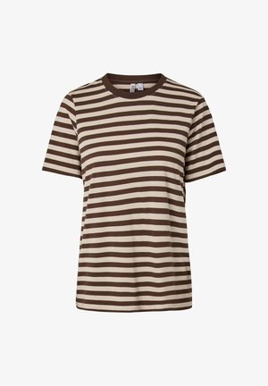 Bruin- en crèmekleurig gestreept T-shirt met korte mouwen; zacht katoenen materiaal; ronde halslijn; losse pasvorm; gelijkmatige strepen met contrasterende kleur.