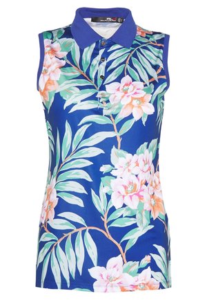 Ærmeløs blå poloshirt med blomsterprint i grøn, hvid og pink, med knappet krave og ribbet armudskæring.