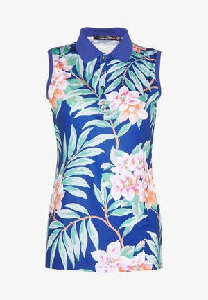 Polo bleu sans manches avec imprimé floral vert, blanc et rose, doté d'un col boutonné et d'emmanchures côtelées.