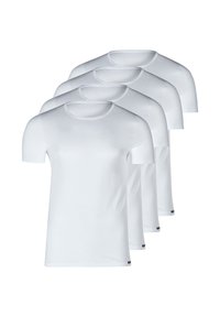 Cinque T-shirt bianche con collo tondo, maniche corte e una texture di cotone morbido. Ogni maglietta presenta un piccolo logo nero vicino all'orlo.