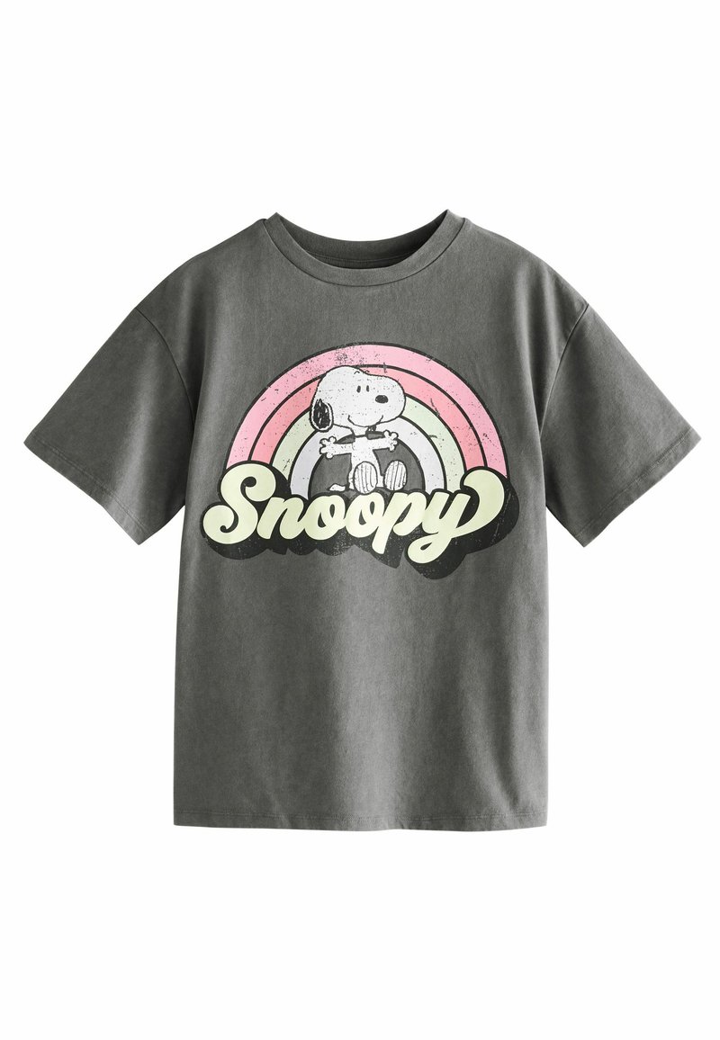 Grå bomullströja med en vintage Snoopy-grafik mot en regnbågsbakgrund. Kort ärm och rund halsringning.