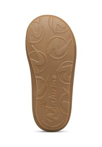 Suola di scarpa in gomma marrone con un motivo testurizzato, dotata di un logo e dettagli numerici. Il design è liscio con un bordo leggermente rialzato.