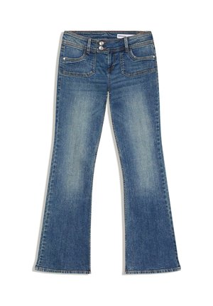 Modré džíny bootcut z denimu s vybledlým předním dílem, pasem se dvěma knoflíky a předními a zadními kapsami.