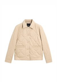 Beżowa pikowana kurtka z klasycznym kołnierzem, zapięciem na guziki z przodu i dwoma prostokątnymi kieszeniami. Gładka faktura z falistym wzorem.