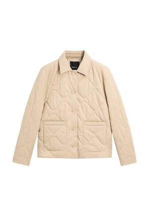 Beżowa pikowana kurtka z klasycznym kołnierzem, zapięciem na guziki z przodu i dwoma prostokątnymi kieszeniami. Gładka faktura z falistym wzorem.