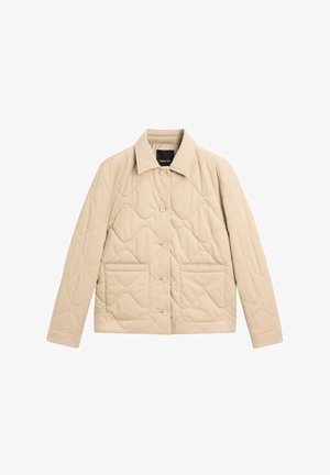 Beżowa pikowana kurtka z klasycznym kołnierzem, zapięciem na guziki z przodu i dwoma prostokątnymi kieszeniami. Gładka faktura z falistym wzorem.