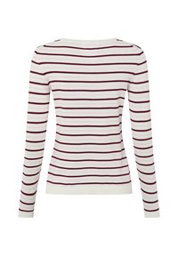 Weißer Pullover mit langen Ärmeln und horizontalen Streifen in Burgunderrot und Hellrosa, mit geripptem Saum und Bündchen, von hinten auf weißem Hintergrund gezeigt.