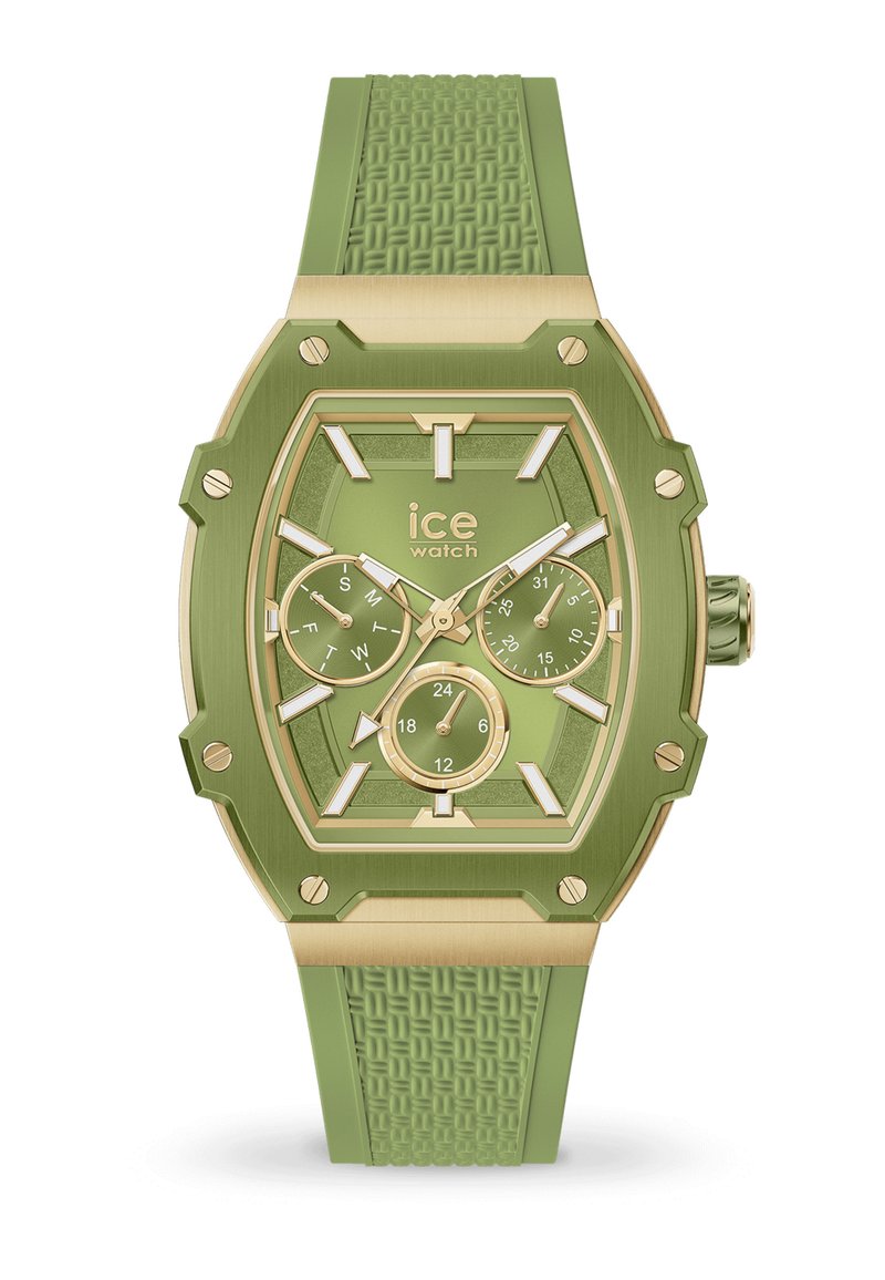 Montre à bracelet en caoutchouc vert avec un boîtier hexagonal doré et vert, dials analogiques et chronographes, avec des accents argentés et un bracelet texturé.