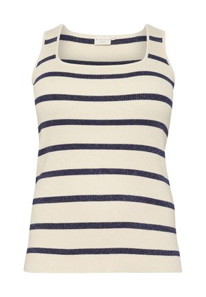 Striped tank top in cream and navy with a scoop neckline, ribbed texture, and a fitted shape. Material appears soft and stretchy.