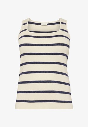 Striped tank top in cream and navy with a scoop neckline, ribbed texture, and a fitted shape. Material appears soft and stretchy.