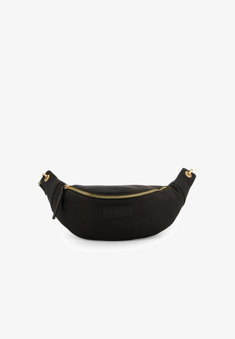 Black leather fanny pack with a curved shape, gold zipper, and gold hardware accents. Features a textured surface and a logo patch.
