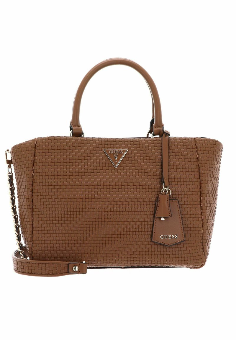 Borsa tote in tessuto marrone con due manici, tracolla a catena staccabile, placca metallica con logo e dettaglio con etichetta. Superficie testurizzata con forma strutturata.