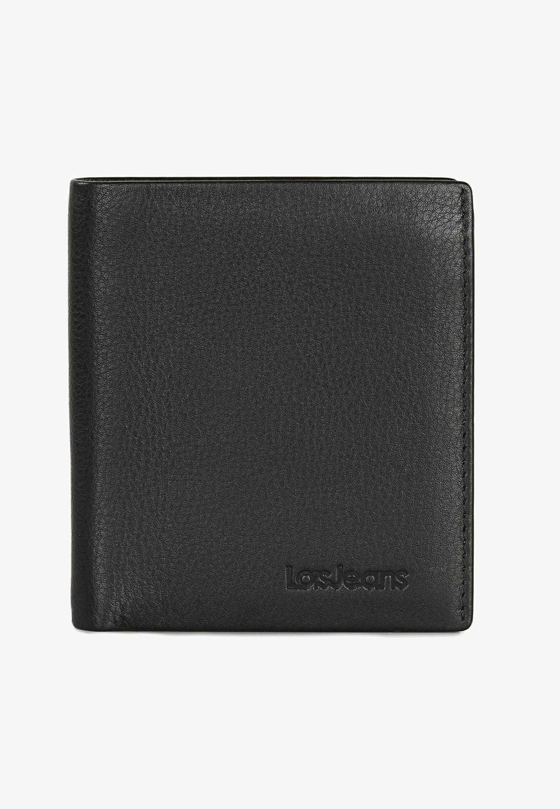 Billetera de cuero negro con una superficie texturizada, diseño compacto y plegable, y logo en relieve en el frente. Compacta y elegante en forma.