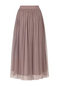 Longue jupe mauve avec superposition légère froncée présentant un petit motif à pois et une ceinture unie.