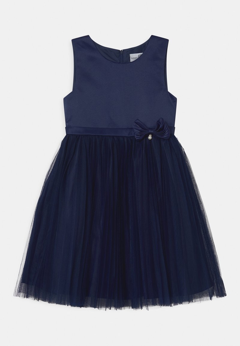 Robe bleu marine avec un buste en satin et une jupe en tulle, dotée d'un détail en nœud à la taille et d'une fermeture éclair dans le dos.