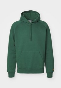 Vihreä huppari, jossa on etutasku, resorit hihansuissa ja tekstuuri kangas. Hupussa kiristysnyörit ja hihassa logokoriste.