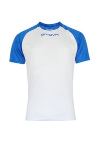 Kortærmet sports skjorte i hvid med blå raglan ærmer. Har en rund halsudskæring og et trykt logo på brystet. Glat, let stof.