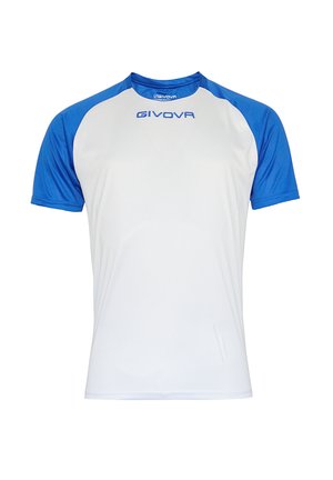 Kortærmet sports skjorte i hvid med blå raglan ærmer. Har en rund halsudskæring og et trykt logo på brystet. Glat, let stof.