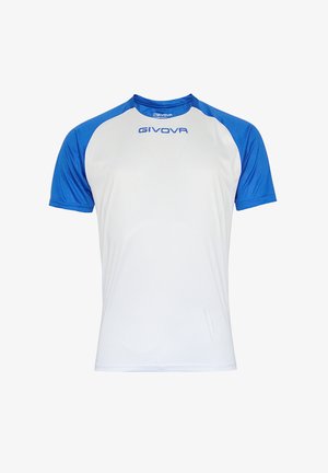 Camiseta deportiva de manga corta en blanco con mangas raglán azules. Presenta un cuello redondo y un logotipo impreso en el pecho. Tejido suave y ligero.