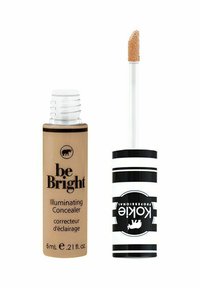 Be Bright Illuminating Concealer i en guldtonad tub med svart text, i kombination med en applicerare med vit och svart randig design och en svampoval.