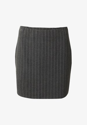 Dark gray pencil skirt with vertical light blue pinstripes, crafted from a woven fabric, featuring a fitted silhouette and waistband.