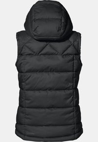 Czarna kamizelka puchowa z kapturem, z pikowanym wzorem, teksturowanym materiałem i poziomym przeszyciem. Logo marki na dolnym prawym boku.