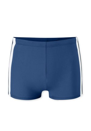 Marineblaue Badeshorts mit weißen vertikalen Streifen an den Seiten, gestaltet mit einem enganliegenden Bund und einfachen Nahtdetails.