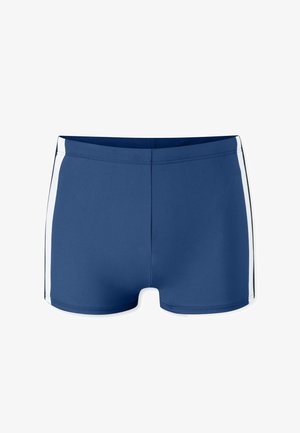 Shorts de bain bleu marine avec des rayures blanches verticales sur les côtés, conçus avec une taille ajustée et des coutures simples.