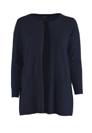 Tumesinist lahtise eesosaga kampsun, millel on pikad varrukad ja kaks esiosal olevat taskut, valmistatud pehmest kudumkangast.