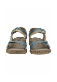 Sandalias azules con dos correas ajustables, patrón de superficie texturizado, diseño curvado y plantilla acolchada. Suela marrón resistente con detalles de costura.