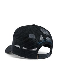 Gorra trucker de malla negra con una parte delantera completamente negra, visera curvada, cierre ajustable y un logotipo bordado en azul en la parte trasera.