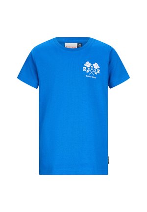 Niebieski T-shirt z krótkim rękawem z białym kwiatowym nadrukiem i napisem „R T R Retour Jeans” na lewej piersi. Metka z rozmiarem 140/9-10 lat.