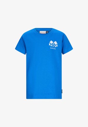 Blauw T-shirt met korte mouwen, witte bloemmotief en tekst "R T R Retour Jeans" op de linkerborst. Maatlabel 140/9-10 jaar.