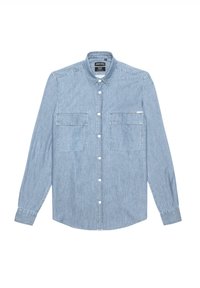 Camicia di jeans azzurro chiaro con maniche lunghe, chiusura a bottoni frontale, due tasche sul petto e colletto classico. Texture morbida e vestibilità casual.
