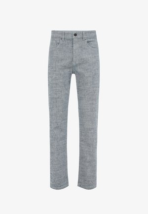 Pantalons texturés bleu clair à coupe droite, dotés d'une fermeture à bouton et de poches latérales. Le matériau semble résistant et tissé.