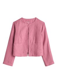 Rosa linnejacka med lång ärm, rund hals och två framfickor; har en minimalistisk design med subtila sömnadsdetaljer.