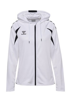 Biała bluza z kapturem na zamek, z czarnymi akcentami, sznurkami i logo hummel na piersi oraz ramionach, prezentowana na białym tle.