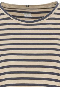 Beige and black horizontal striped round-neck shirt with "camel active" label inside neckline.