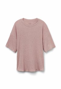 Ljusrosa ribbad kortärmad t-shirt med rund halsringning. Har en avslappnad passform och rå kant, tillverkad av mjukt strukturerat tyg.