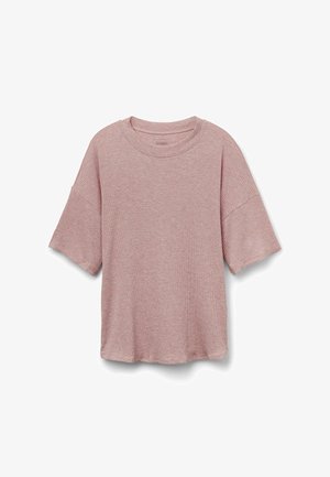 Ljusrosa ribbad kortärmad t-shirt med rund halsringning. Har en avslappnad passform och rå kant, tillverkad av mjukt strukturerat tyg.