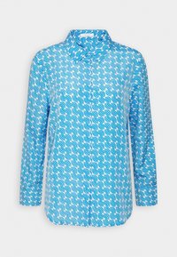 Camicia azzurra con bottoni, caratterizzata da un motivo a onde in diverse sfumature di blu, con maniche lunghe e colletto classico. Tessuto dalla consistenza liscia.
