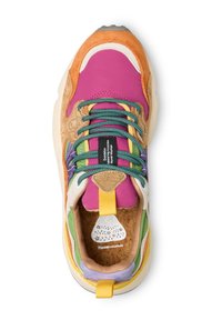 Multicolored sneaker featuring pink and orange suede, green and purple overlays, patterned laces, and a yellow heel tab. Textured cork insole visible.