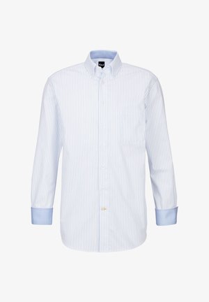 Camicia bianca con strisce verticali azzurre, maniche lunghe, taschino sul petto e polsini blu a contrasto. Presenta un design colletto classico.