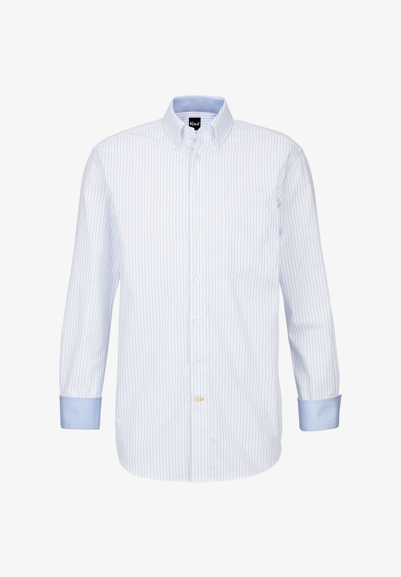 Camicia bianca con strisce verticali azzurre, maniche lunghe, taschino sul petto e polsini blu a contrasto. Presenta un design colletto classico.