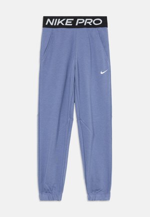 Pantalons de sport Nike Pro en tissu bleu clair avec une ceinture élastique noire comportant du texte blanc "NIKE PRO" et des poches latérales.